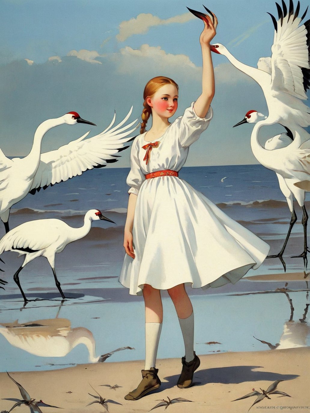 00135-3083996022-a girl on the beach surrounded by Whooping Crane Russian popular print.jpg